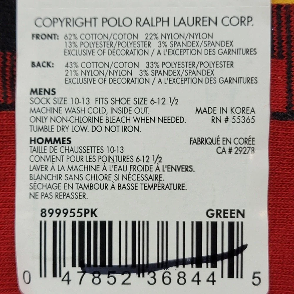 Polo Ralph Lauren Socks Mens 10-13 Red Green Plaid Pony Crew 2 Pairs Mid Calf
